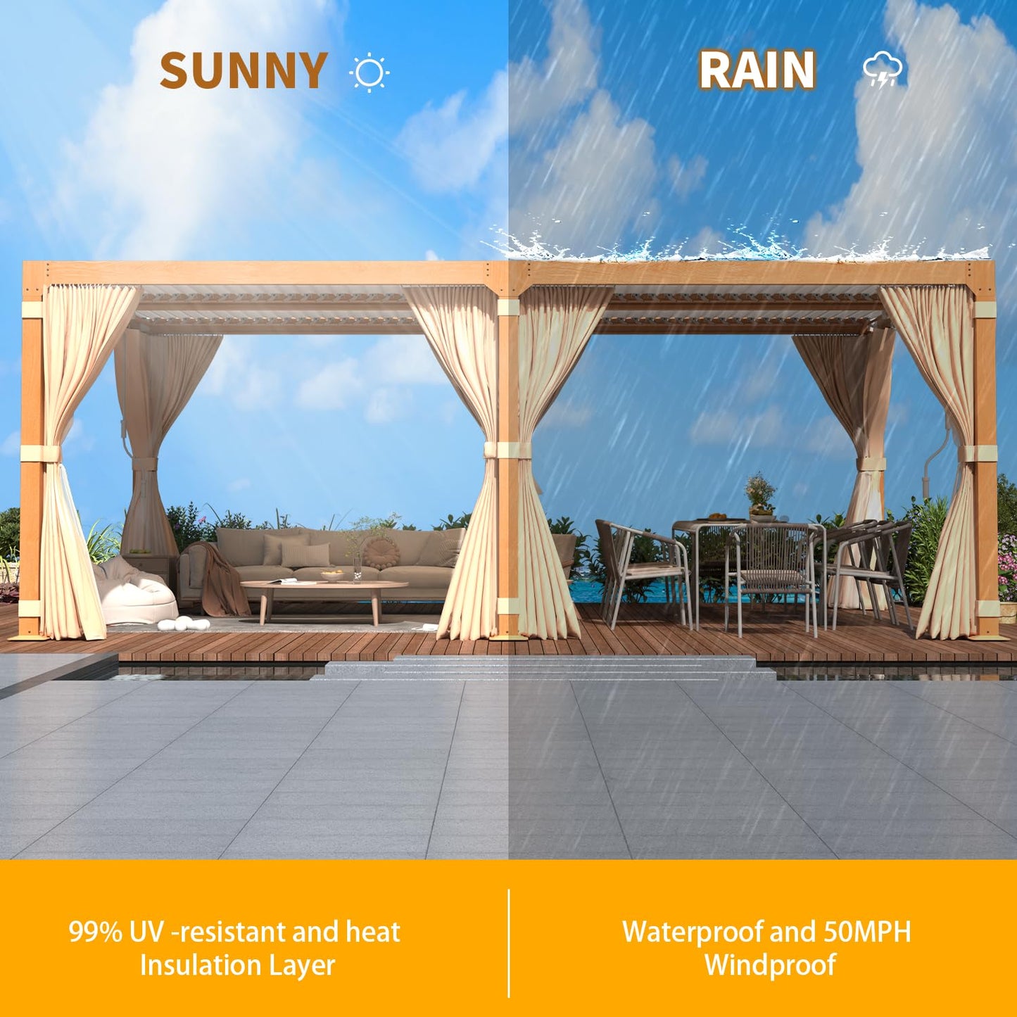 YOLENY 12 x 20 FT Louvered Pergola, Wood Grain Pergola with Adjustable Aluminum Waterproof Roof, Sun Shade Shelter with Netting and Curtains for