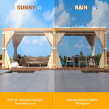 YOLENY 12 x 20 FT Louvered Pergola, Wood Grain Pergola with Adjustable Aluminum Waterproof Roof, Sun Shade Shelter with Netting and Curtains for YOLENY