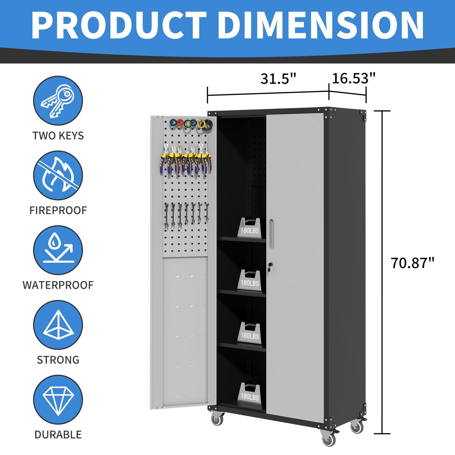 BIZOEIRON 71''H Garage Metal Storage Cabinet,Tall Cabinet with Doors,Black Garage Storage Cabinet with 3 Adjustable Shelves and Wheels,Rolling Tool Storage Cabinet for Warehouse, Office, Garage