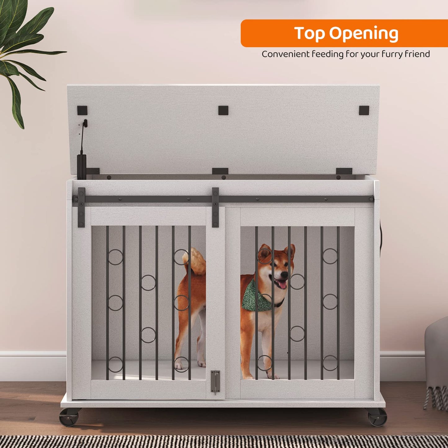 IchbinGo Dog Crate Furniture with Sliding Barn Door, 39" Wooden Dog Kennel End Table with Wheels and Flip-top Plate Dog House with Detachable Divider for Small/Medium/Large Dog (White) - WoodArtSupply