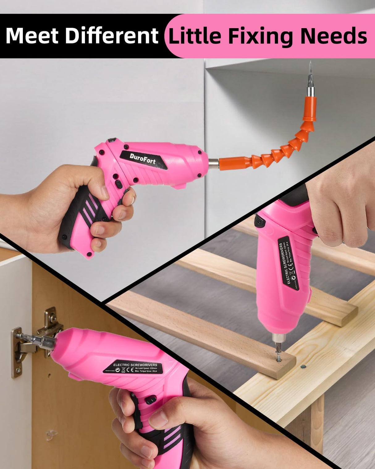 Durofort Pink Cordless Electric Screwdriver Set, 3.7V Rechargeable Small Electric Drill with 48pcs Driver Bit Set, Power 3Nm Screw Gun with 2 Position Handle, Flexible Shaft LED Light for Women DuroFort