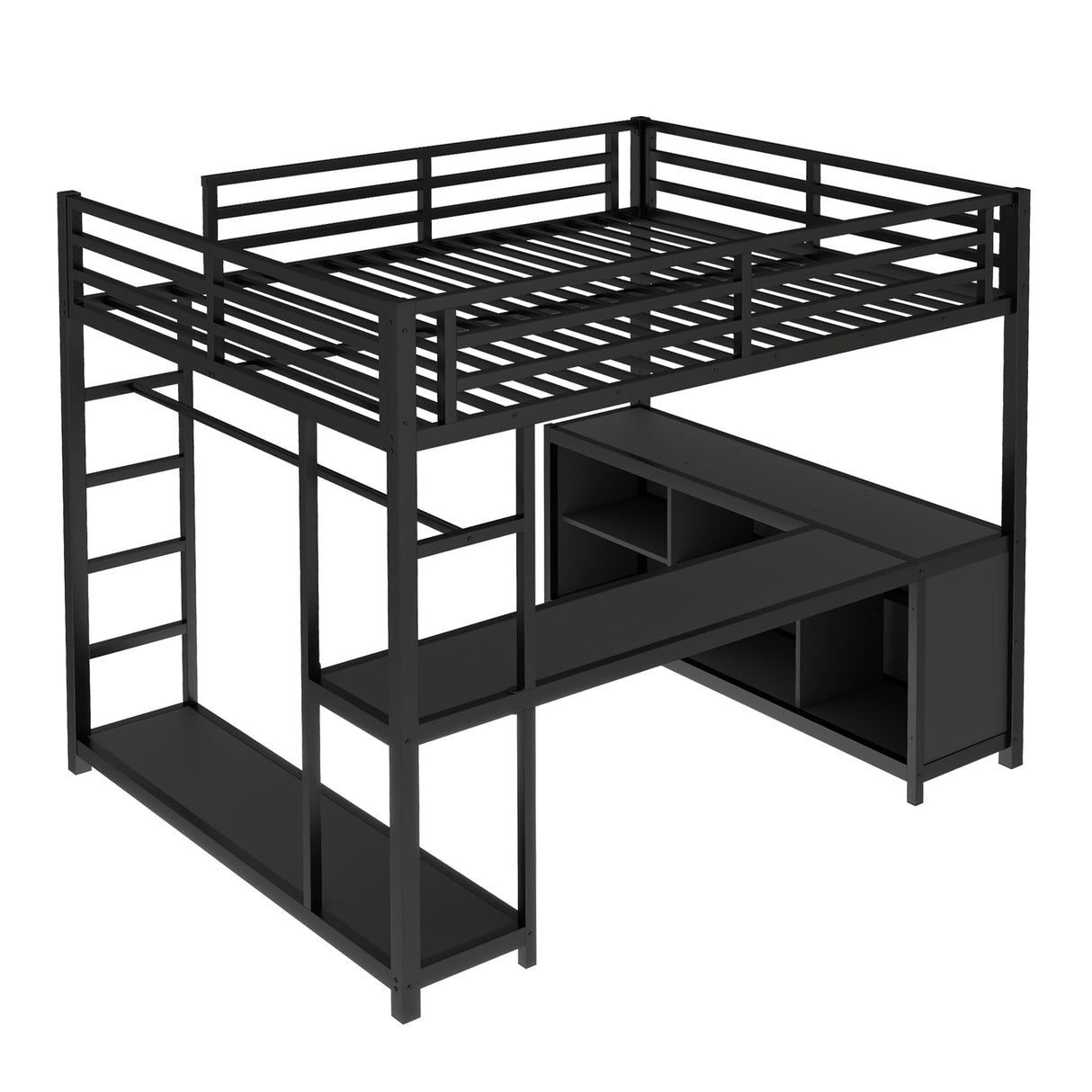 Bellemave Queen Size loft Bed with L Desk, Wardrobe, Metal Queen Loft Bed Frame for Adults, Kids, Teens, Black Bellemave