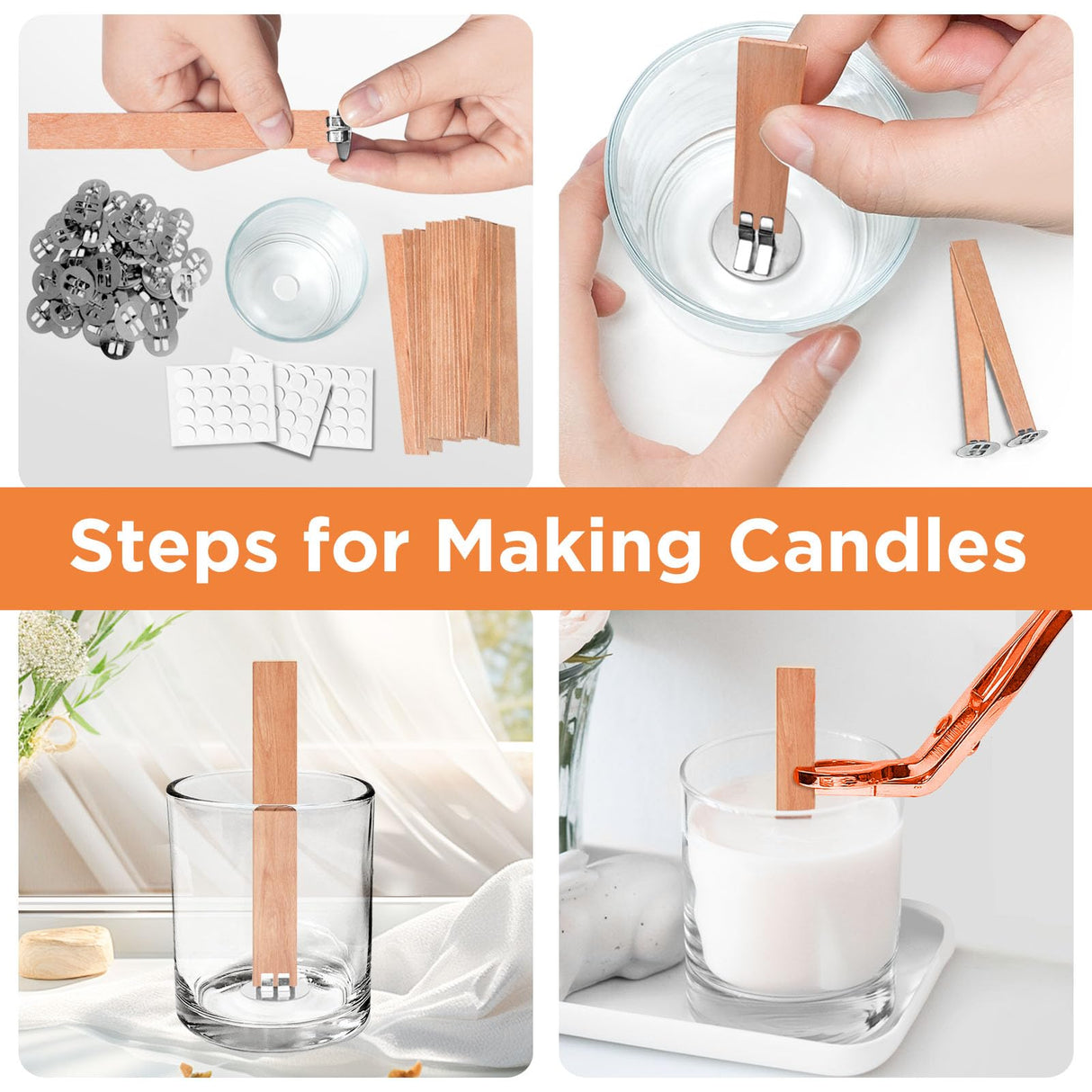 CollectHall 100 Pcs Thickened Wood Wicks, Wood Wicks for Candles Making with Wick Trimmer, Candle Wicks 5.1×0.5×0.04 Inches for DIY Candle-Making, Long Lasting Flame, Easy to Burn (50 Sets) CollectHall