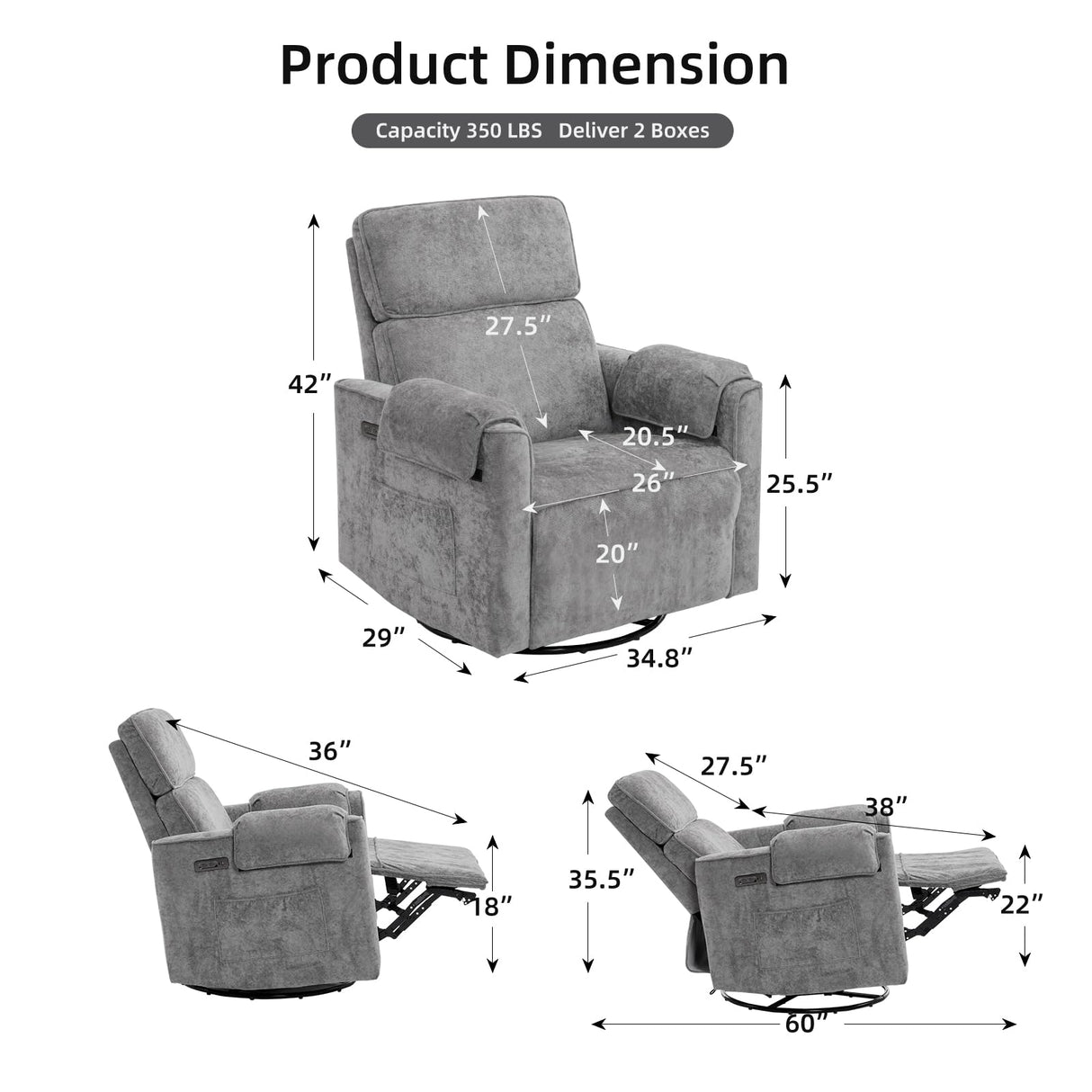 Rhevoy Oversized Power Recliner Chair, 26" Extra Wide Swivel Rocker Recliner with Adjustable Headrest, Chenille Glider Rocking Nursery Chair with Overstuffed Armrest, USB Ports, Grey Rhevoy