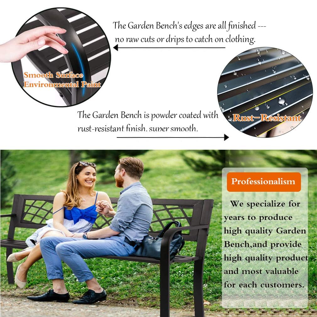 BestShop Patio Bench - Outdoor Metal Garden Bench with Armrests, 480lbs, Cast Iron, Sturdy Steel Frame, Black BestShop
