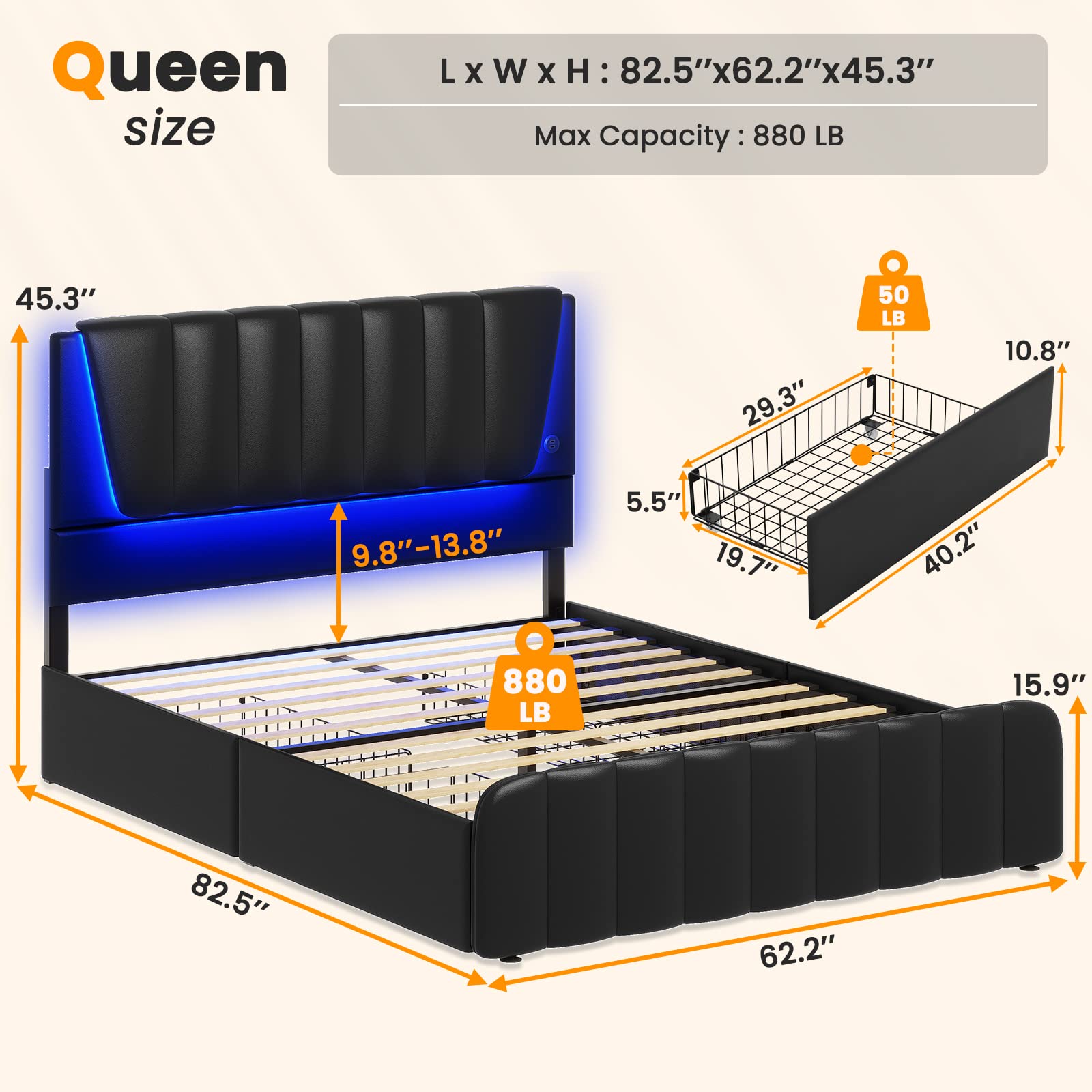 AOGLLATI Queen Bed Frame with Headboard, LED Lights, 4 Storage Drawers & USB Ports - WoodArtSupply