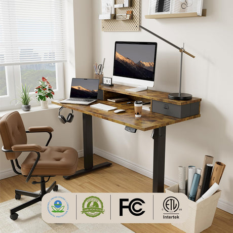 Agilestic 63 x 24 Inches Height Adjustable Electric Standing Desk with 2 Drawers, Stand Up Electric Desk Adjustable Height, Sit Stand Computer Gaming Table with Splice Board, Rustic Brown Agilestic