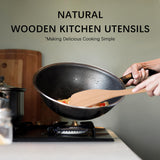 Hefild 2PCS Wooden Spatulas for Cooking, 13inch Uncoated Beech Wood Turners for Frying, Non-Scratch Wood Flat Spurtle for Pan & Wok, Wooden Cooking Utensils for Non Stick Cookware, Long Handle Scraper Hefild