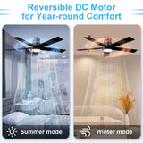 TCL 52" Ceiling Fan with Lights, Black Flush Mount Ceiling Fans, 5 Blades Low Profile Ceiling Fans, 6 Speeds DC Reversible, Dimmable, Modern Ceiling Fans for Bedroom, Living Room and Garage TCL