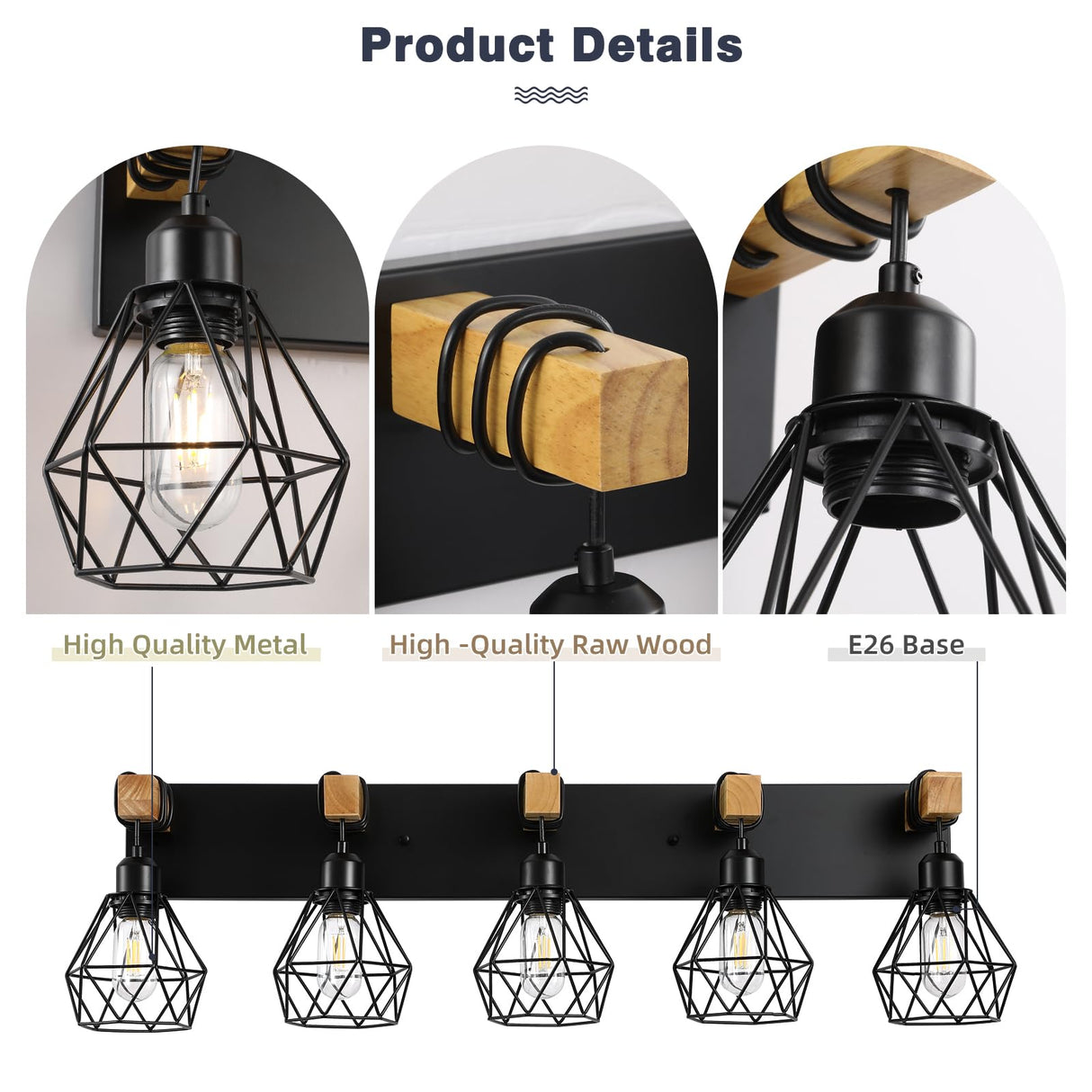 Farmhouse Bathroom Vanity Light Fixtures, 5-Light Wood Bathroom Light Fixtures Over Mirror, Rustic Sconces Wall Lighting with Elegant Metal Lampshade for Living Room, Bedroom, Hallway… maesta