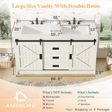 AMERLIFE 61" Farmhouse Double Bathroom Vanity with Sink Combo, Dual Basin Bathroom Storage Cabinet with Sliding Barn Doors & Drawers, Large Double Bath Vanity Sink Set, Rustic White AMERLIFE