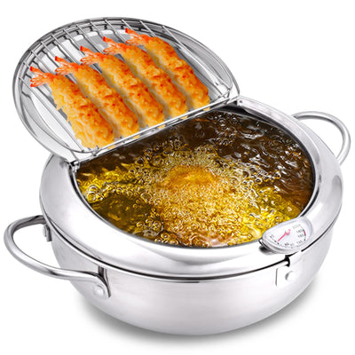 cuomaop Deep Fryer Pot, 304 Stainless Steel Japanese Frying Pot with Oil Drain, Temperature Control and Lid, Tempura Deep Fryer Pot for Kitchen Stove/Induction Cooker French Fries Fryer Chicken 9.4"