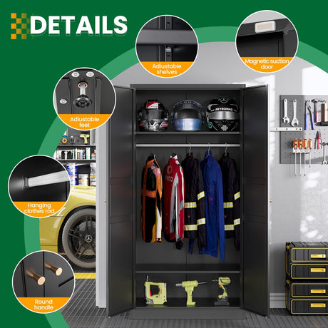 LISSIMO Metal Wardrobe Closet Cabinet,Armoire Wardrobe Closets Storage Cabinets with Doors and Shelves for Laundry Room,Bedroom,Home Office,Bathroom(Black LISSIMO