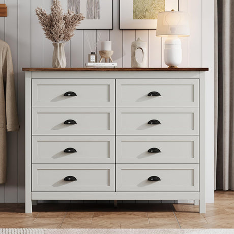 HOUROM Farmhouse White Dresser for Bedroom, Wide Wood Dressers & Chests of Drawers, Modern 8 Drawer Double Dresser for Bedroom with Vintage Black Handle, 8 Drawer Dressers for Hallway, Antique White HOUROM