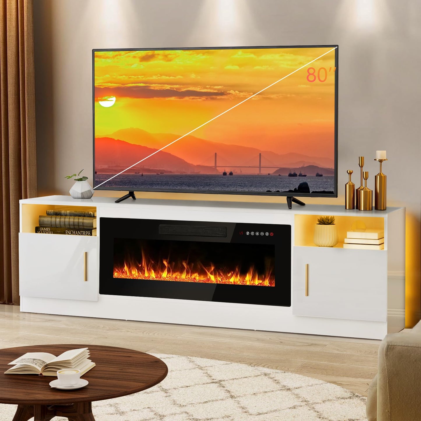 Lemberi Fireplace tv Stand with 36 inch Fireplace Up to 80" TVs,LED Light Entertainment Center and Storage, 70" Modern Wood Media TV Console with Highlight Cabinet for Living Room (White)