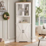 67''H Tall Corner Cabinet with 4 Tempered Glass Doors and Barn Doors, Farmhouse Storage Cabinet with 5 Adjustable Shelves, Home Pantry Hutch for Kitchen, Dining Living Room, Bathroom, Antique White FiveWillowise
