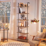 HOOBRO DIY Ladder Shelf, 6-Tier Wall Mounted Bookshelf, Office Vertical Bookcase, Wooden Storage Shelves for Home Office, Bedroom, Rustic Brown and Black BF65CJ01 HOOBRO