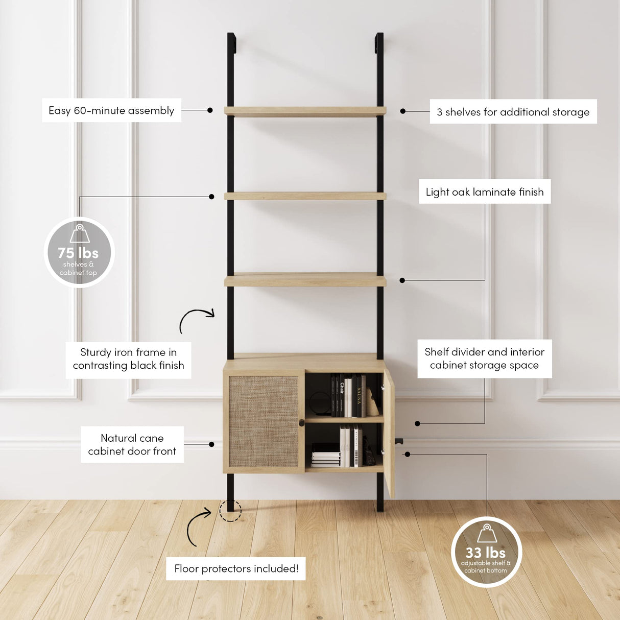 Nathan James Theo Ladder 3 tier Open Bookshelf with Rattan Drawers and Matte Steel Frame, Light Oak/Black Nathan James