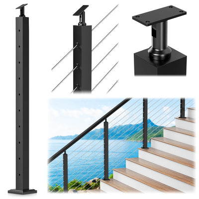 Gyykzz 36" Aluminum Cable Railing Stair Post Perfect for Coastal Projects, 33° Drilled Stair Wire Deck Post for 28-38 Degrees Stair, Black Coating Stair Post for Cable Railing System Outdoor Seaside