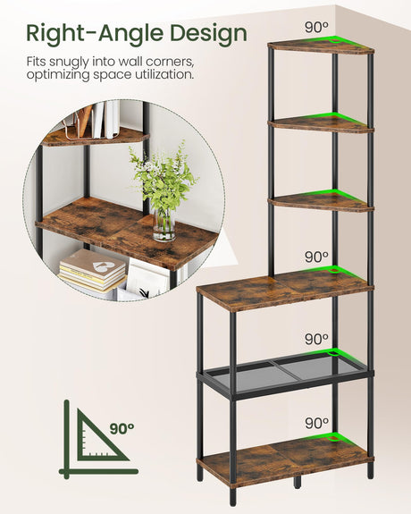 CHOEZON 6-Tier Corner Shelf, Industrial Corner Bookshelf with Desk Top, Diamond-Shaped Storage Shelves, Display Stand for Small Spaces, Living Room, Home Office, Foyer, Rustic Brown and Black TCJ70BF CHOEZON