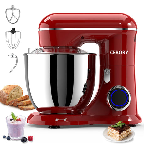 CEBORY 3-IN-1 Electric Stand Mixer, 6.5QT Bowl 10-Speed Kitchen Mixer, Household Food Mixers include Dough Hook, Beater and Whisk, Bread Cake Mixer for Baking and Most Home Cooks, Red CEBORY