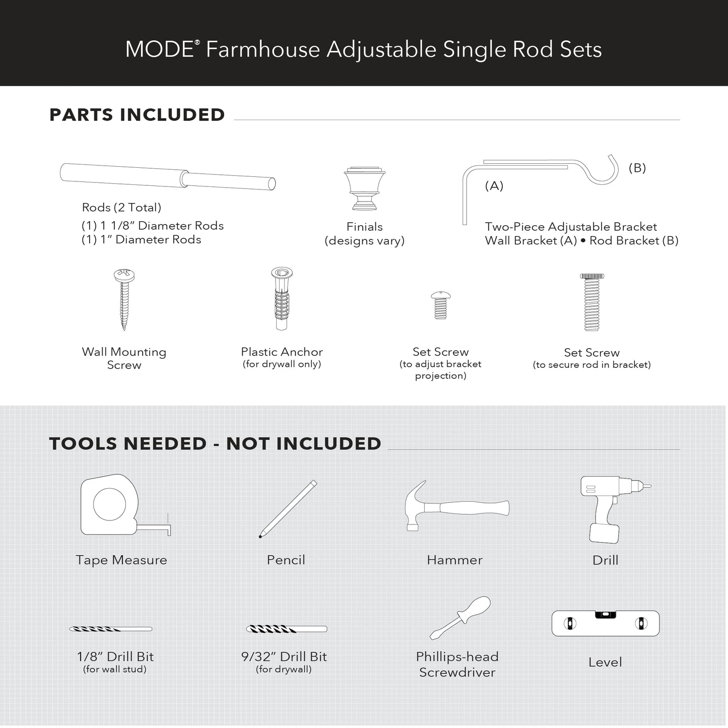 MODE Farmhouse Collection 1 1/8" Diameter Curtain Rod Set with Cottage Square Curtain Rod Finials and Steel Wall Mounted Adjustable Curtain Rod, Fits 36” to 72” Windows, Weathered Oak