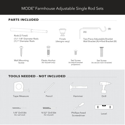 MODE Farmhouse Collection 1 1/8" Diameter Curtain Rod Set with Cottage Square Curtain Rod Finials and Steel Wall Mounted Adjustable Curtain Rod, Fits 36” to 72” Windows, Weathered Oak