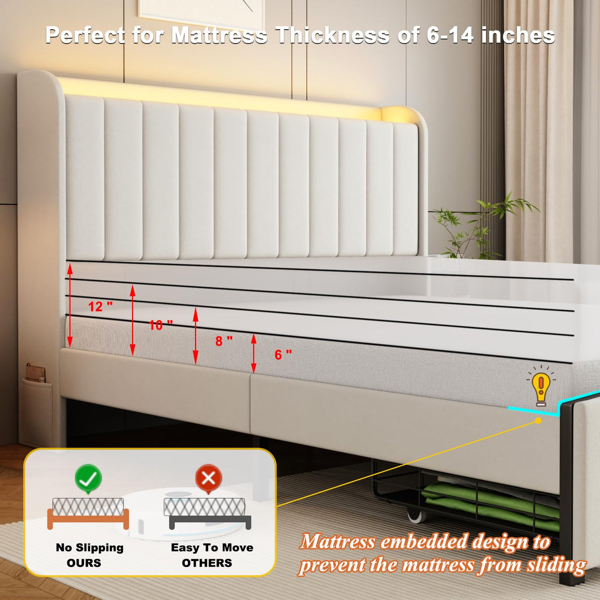 Queen Size Bed Frames with Storage Headboard and 2 Drawers, Upholstered Platform Bed Frame Queen with Led Lights and Handy Charging Station, No Box Spring Needed, Easy Assembly, Noise Free, Beige TIGUBFRE