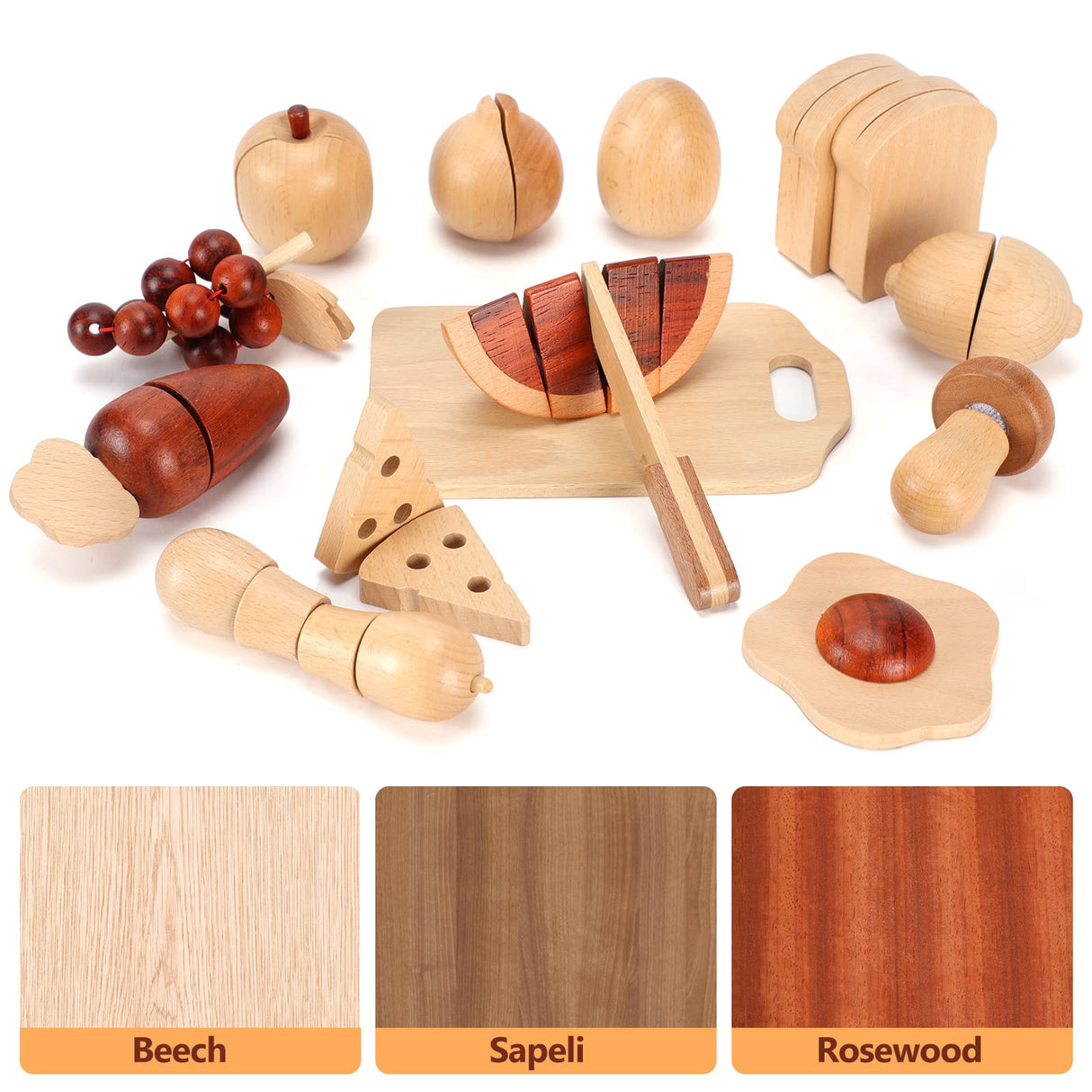 WHOHOLL Wooden Play Food, Toddler Cutting Play Food Sets for Kids Kitchen, Velcro Fake Food Fruit Toys for Pretend Play Kitchen, Montessori Toy Kitchen Accessories for Girls Boys Gifts WHOHOLL