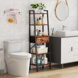 Furologee 5 Tier Ladder Shelf with Drawer, Tall Bookshelf Storage Shelves, Bookcase Standing Shelf Units, Industrial Open Display Shelves Organizer for Bedroom, Living Room, Kitchen, Rustic Brown Furologee