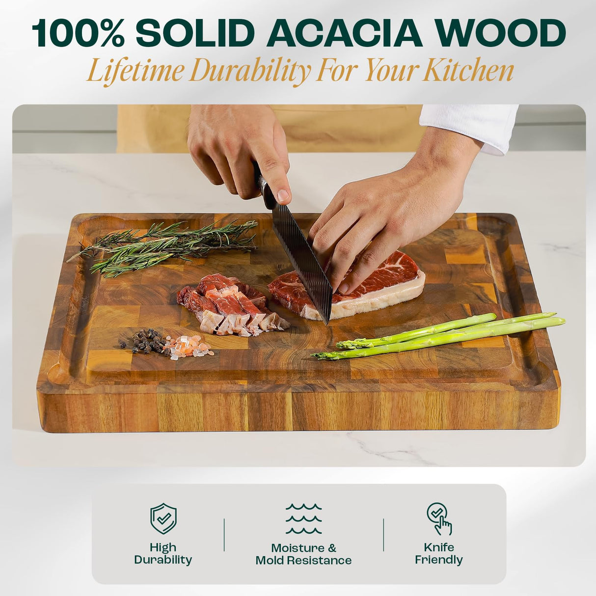 Yes4All Durable Acacia Cutting Boards for Kitchen, [17''Lx13''Wx1.5” Thick] Medium End Grain Cutting Board, Pre Oiled Wood Cutting Boards, Thick Chopping Board w/Juice Grooves and Easy Grip Handle Yes4All