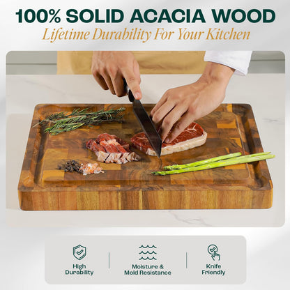 Yes4All Durable Acacia Cutting Boards for Kitchen, [17''Lx13''Wx1.5” Thick] Medium End Grain Cutting Board, Pre Oiled Wood Cutting Boards, Thick Chopping Board w/Juice Grooves and Easy Grip Handle