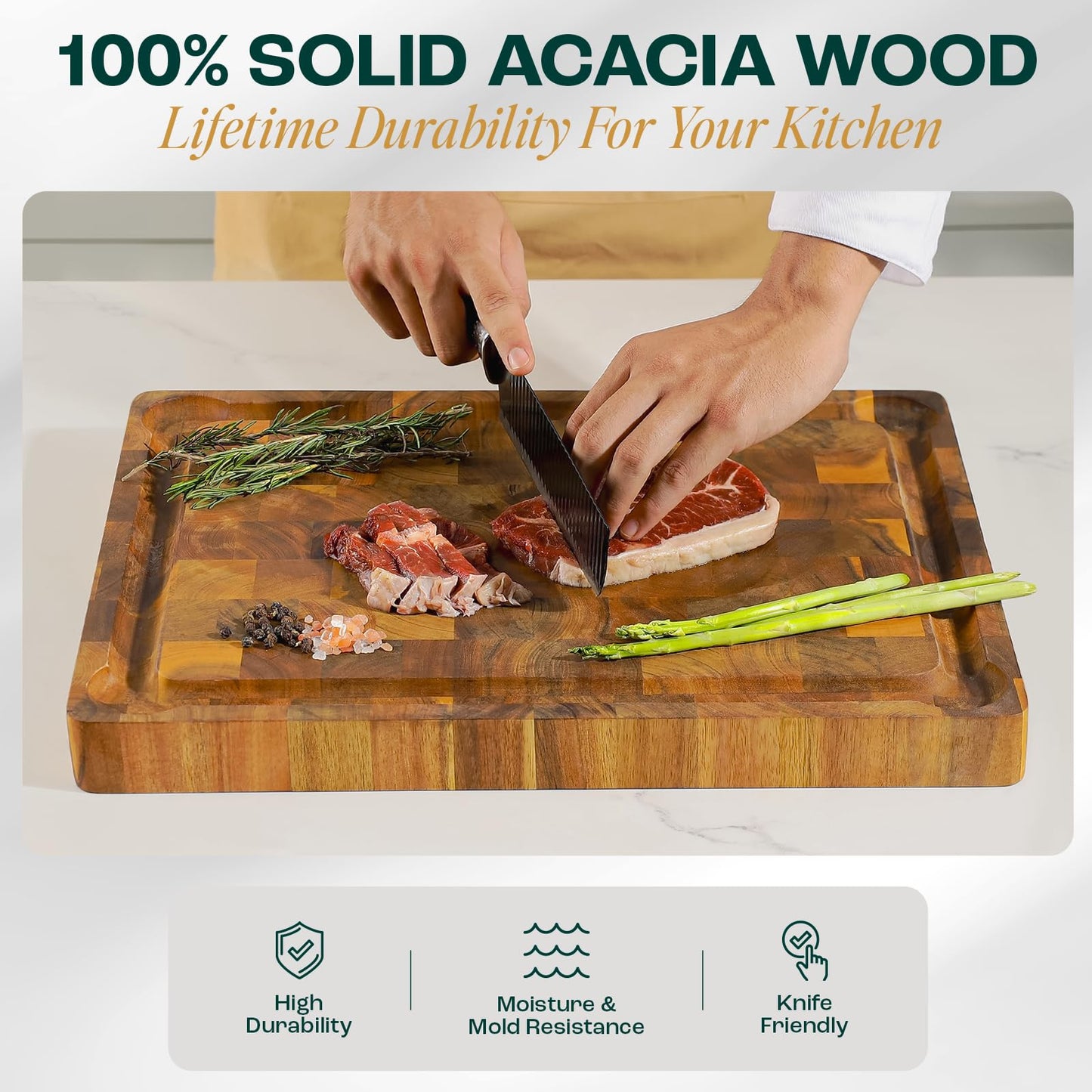 Yes4All Durable Acacia Cutting Boards for Kitchen, [20''Lx15''Wx1.5” Thick] Large End Grain Cutting Board, Pre Oiled Wood Cutting Boards, Thick Chopping Board w/Juice Grooves and Easy Grip Handle