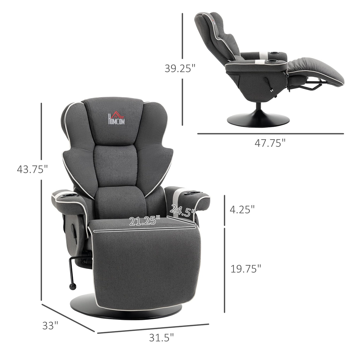 HOMCOM Manual Recliner, Swivel Lounge Armchair with Footrest and Two Cup Holders for Living Room, Black HOMCOM