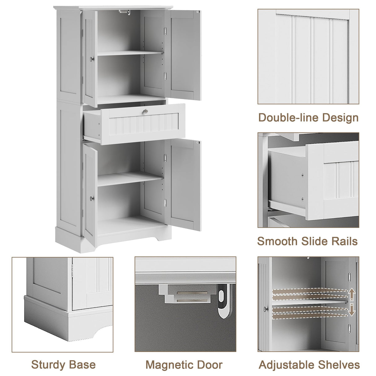 ChooChoo 51" H Tall Bathroom Floor Cabinet, Modern Bathroom Storage Cabinet with Drawer and Adjustable Shelves, Freestanding Kitchen Pantry Cupboard with 4 Doors for Living Room, White ChooChoo