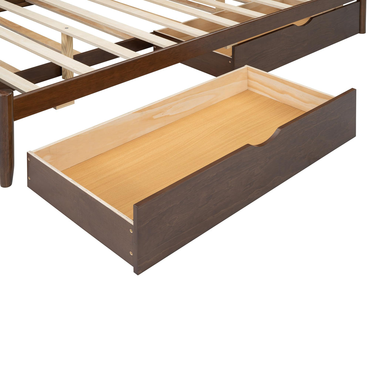 Merax Queen Size Platform Bed with 2 Storage Drawers and Twin XL Size Trundle, Rustic Design Wooden Bed Frame, Walnut Merax