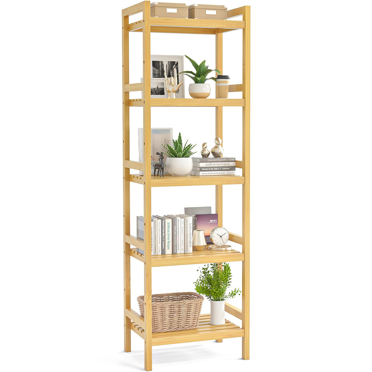 Homykic Bamboo Bookshelf, 5-Tier Narrow 55.9” Adjustable Book Shelf Bookcase Bathroom Shelves Freestanding Storage Stand for Living Room, Bedroom, Kitchen, Rust Resistance, Easy Assembly, Natural Homykic