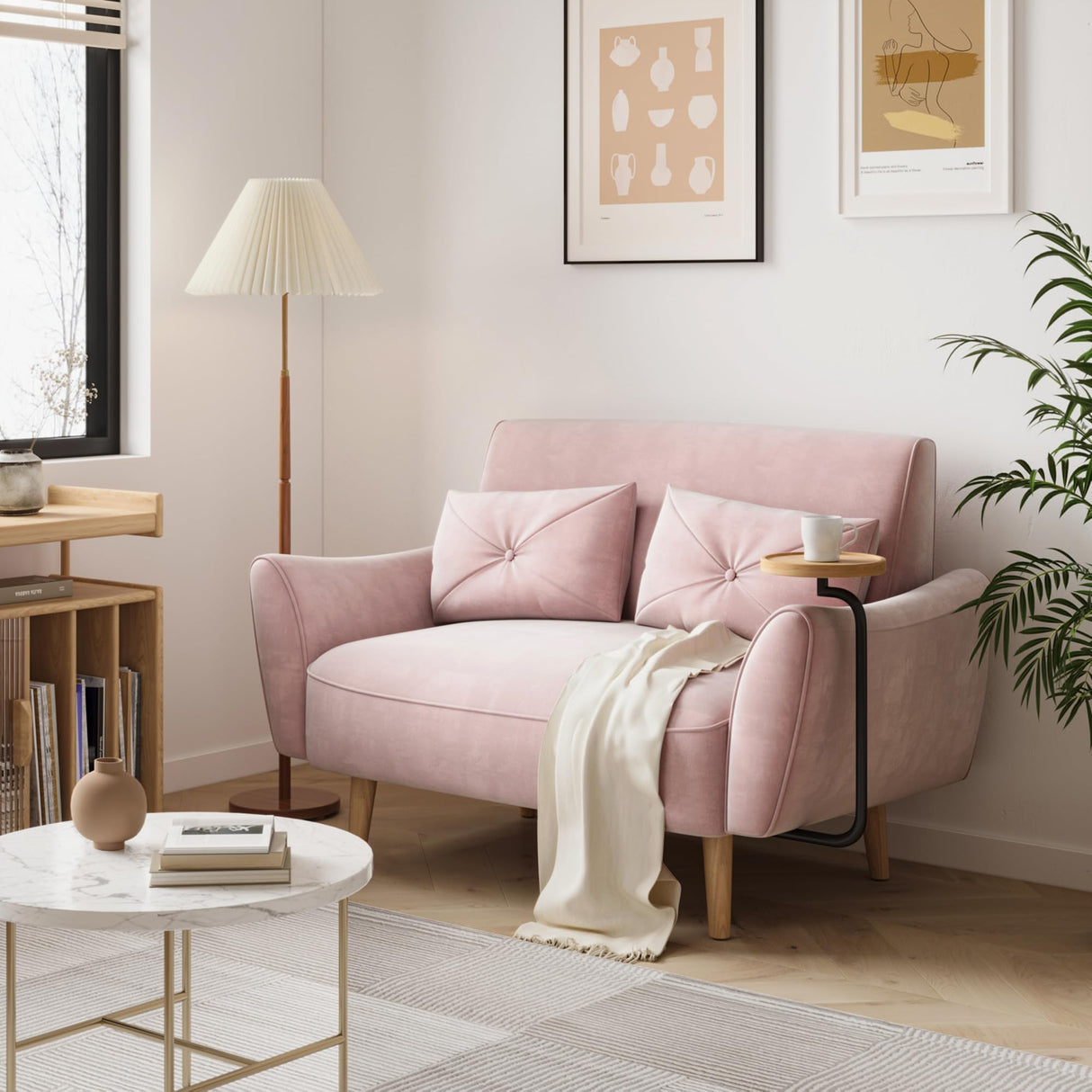 Brelice Loveseat Sofa, 47" Velvet Couch for Bedroom, Convertible Wooden Tray & Ergonomic Armrest, for Small Space, Apartment, Living Room, Home Office, Easy Assembly, Pink Brelice