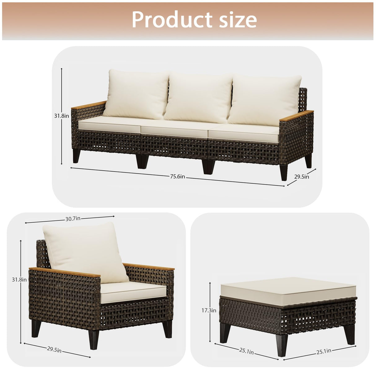 Xmkmvk 7 Piece Patio Sectional Sofa Furniture Set, All-Weather Wicker Rattan Outdoor Conversation Set with High Back and Thick Cushions, for Garden, Porch, Poolside, Beige Xmkmvk