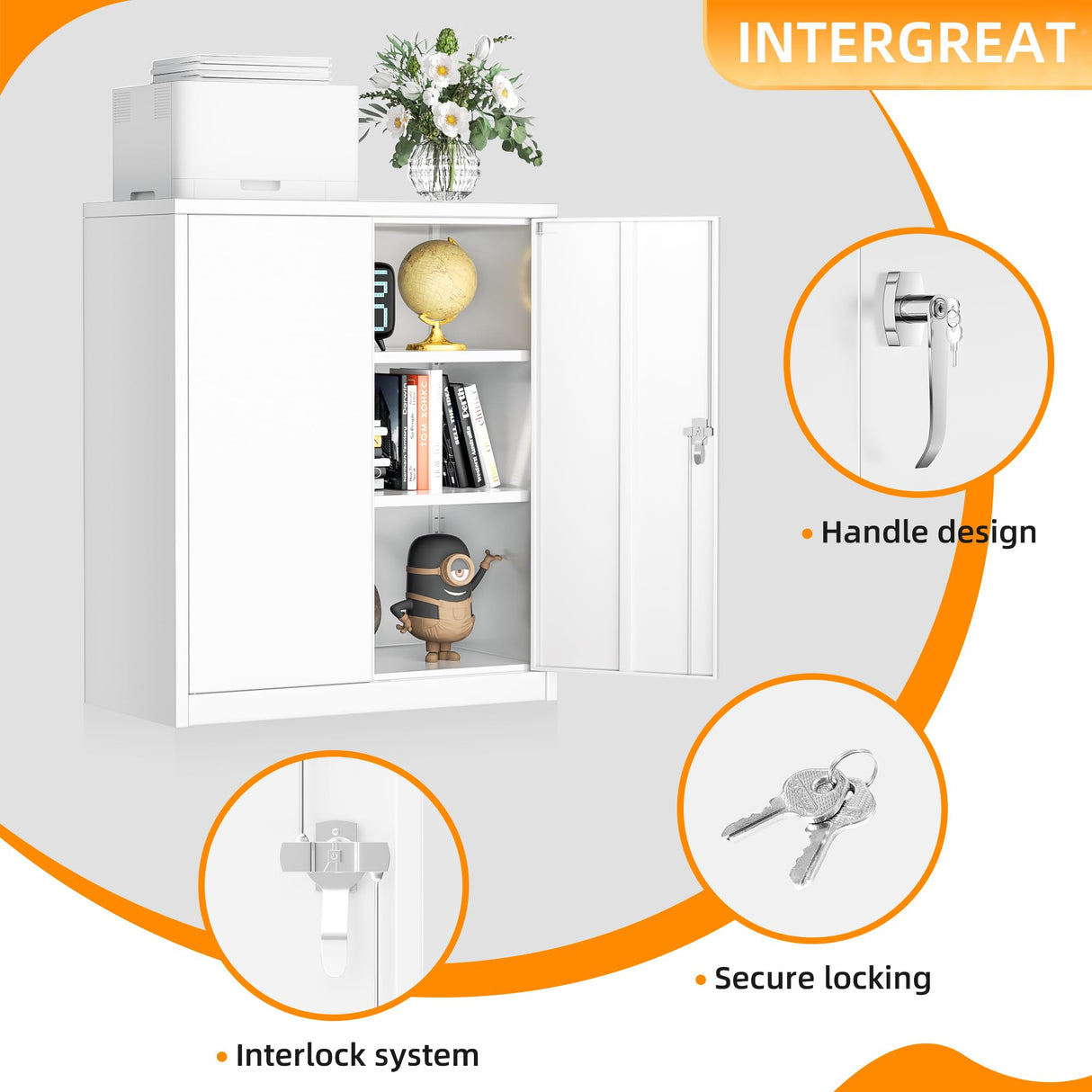 INTERGREAT Metal Storage Cabinet with Doors and Shelves,Lockable Storage Cabinet for Office,36”White Metal Utility Cabinets Garage Cabinets for Home Office, Garage, Kitchen, Shop INTERGREAT