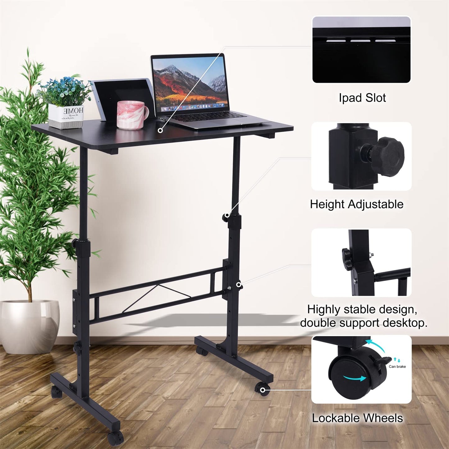 Standing Desk Adjustable Height, Mobile Stand Up Desk with Wheels Small Computer Desk Rolling Desk, Portable Laptop Desk Black Standing Table Sit Stand Home Office Desks 16"x31.5" Height 27"-43.5"