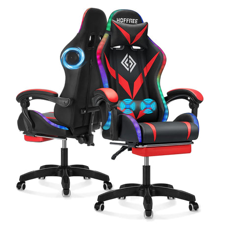 Gaming Chair with Speakers and LED Lights Ergonomic Computer Chair with Massage and Footrest Reclining Video Game Chair for Adults with Adjustable Lumbar Support Red and Black VANSPACE