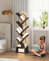 Casaottima Black Tree Bookshelf with LED Light Strip — 6-Tier Small Floor Standing Bookcase, Narrow Steel & Wood Book Organizer Shelf with Cabinet, Home Decor for Living Room/Bedroom/Home Office Casaottima