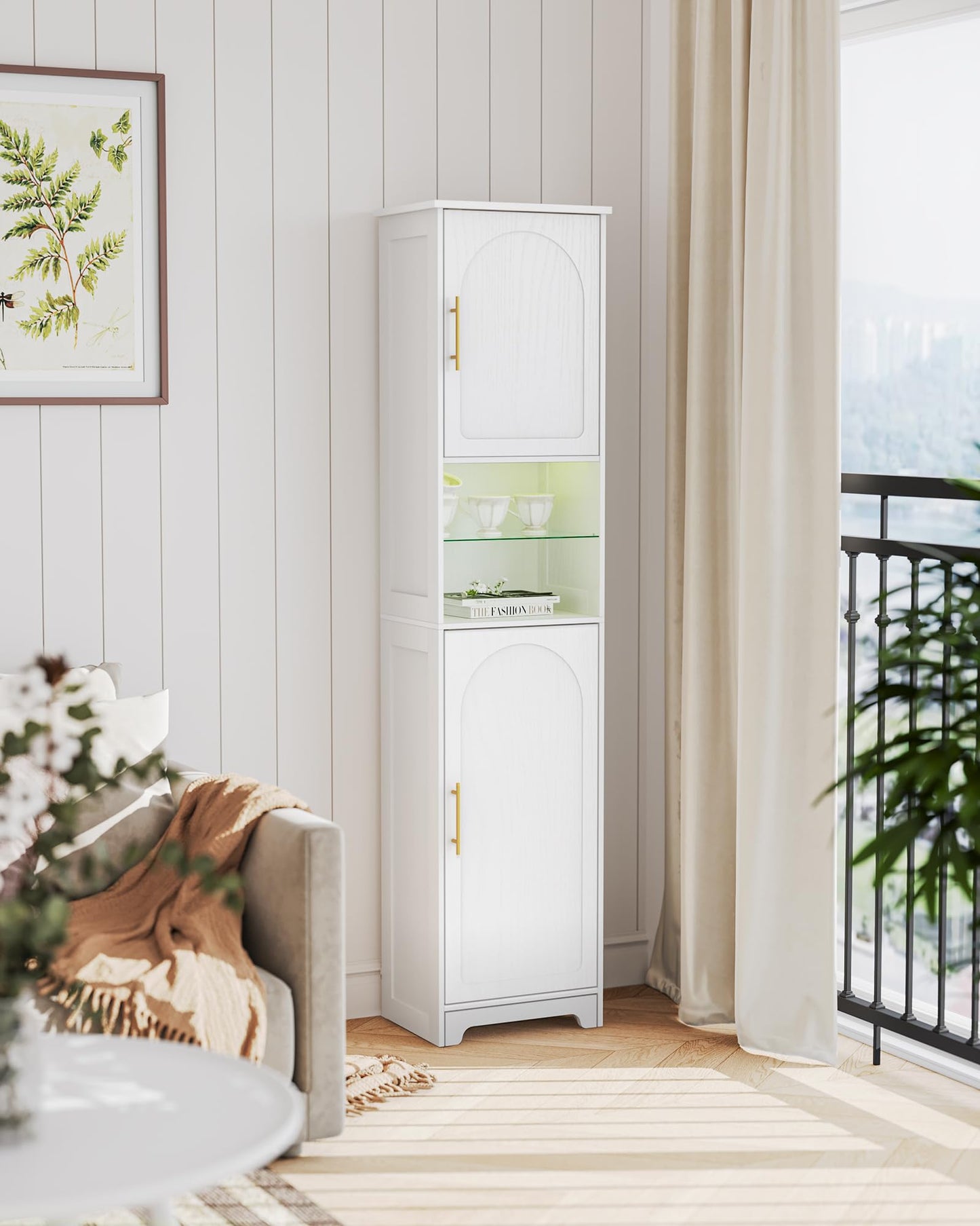 Hzuaneri Tall Bathroom Storage Cabinet with LED Lights, Bathroom Floor Freestanding Cabinet with Open Space, Adjustable Shelves, Tall Corner Cabinet for Bathroom, Living Room, Laundry, White SC28313X