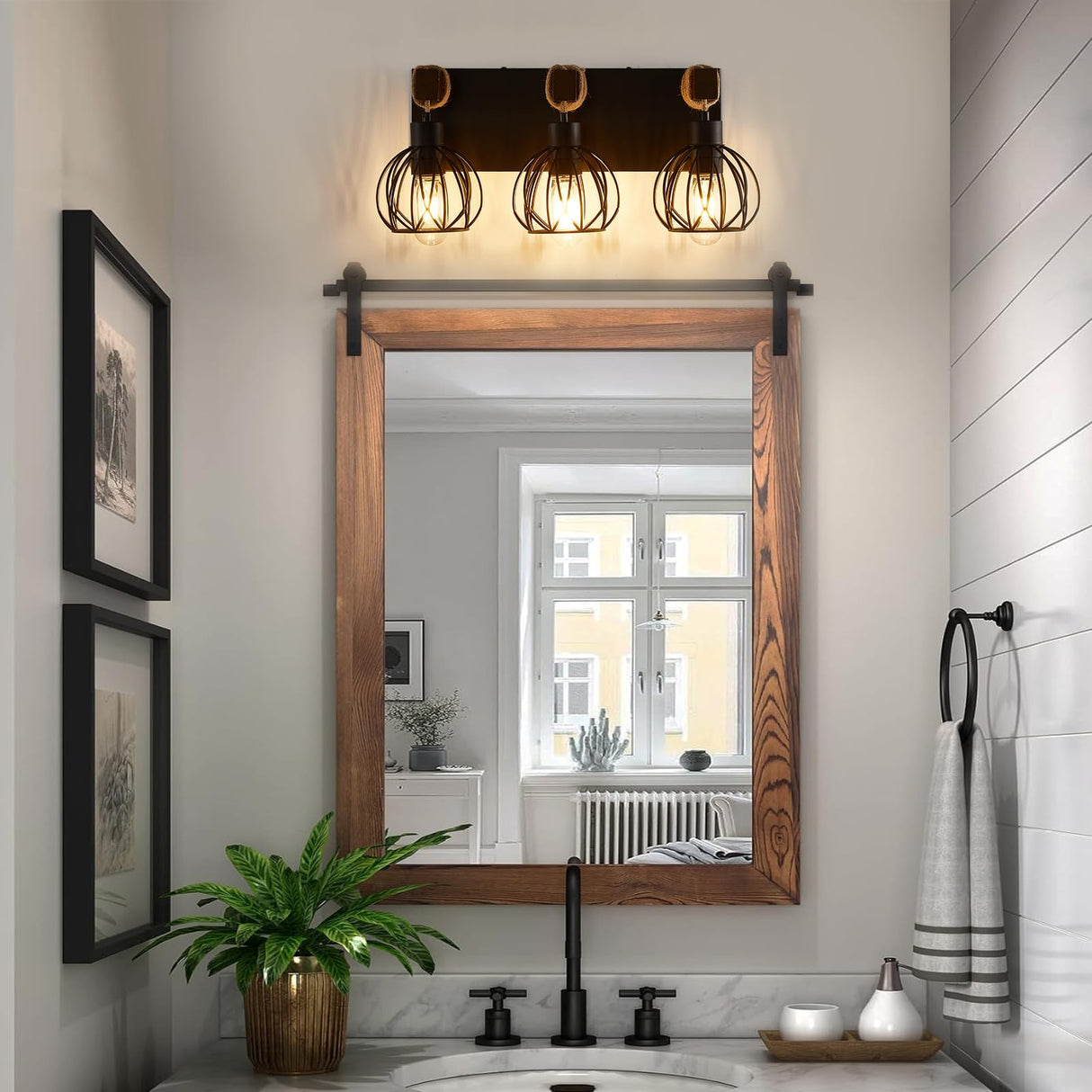 Farmhouse Bathroom Light fixtures, 3 Light Wood Bathroom Lights Over Mirror, Rustic Rattan Black Vanity Light with Globe Metal lampshade, Sconces Wall Lighting for Bathroom, Living Bedroom Hallway Zhizenl