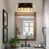 Farmhouse Bathroom Light fixtures, 3 Light Wood Bathroom Lights Over Mirror, Rustic Rattan Black Vanity Light with Globe Metal lampshade, Sconces Wall Lighting for Bathroom, Living Bedroom Hallway Zhizenl