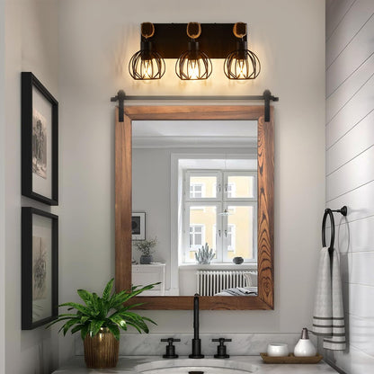 Farmhouse Bathroom Light fixtures, 3 Light Wood Bathroom Lights Over Mirror, Rustic Rattan Black Vanity Light with Globe Metal lampshade, Sconces Wall Lighting for Bathroom, Living Bedroom Ha - WoodArtSupply