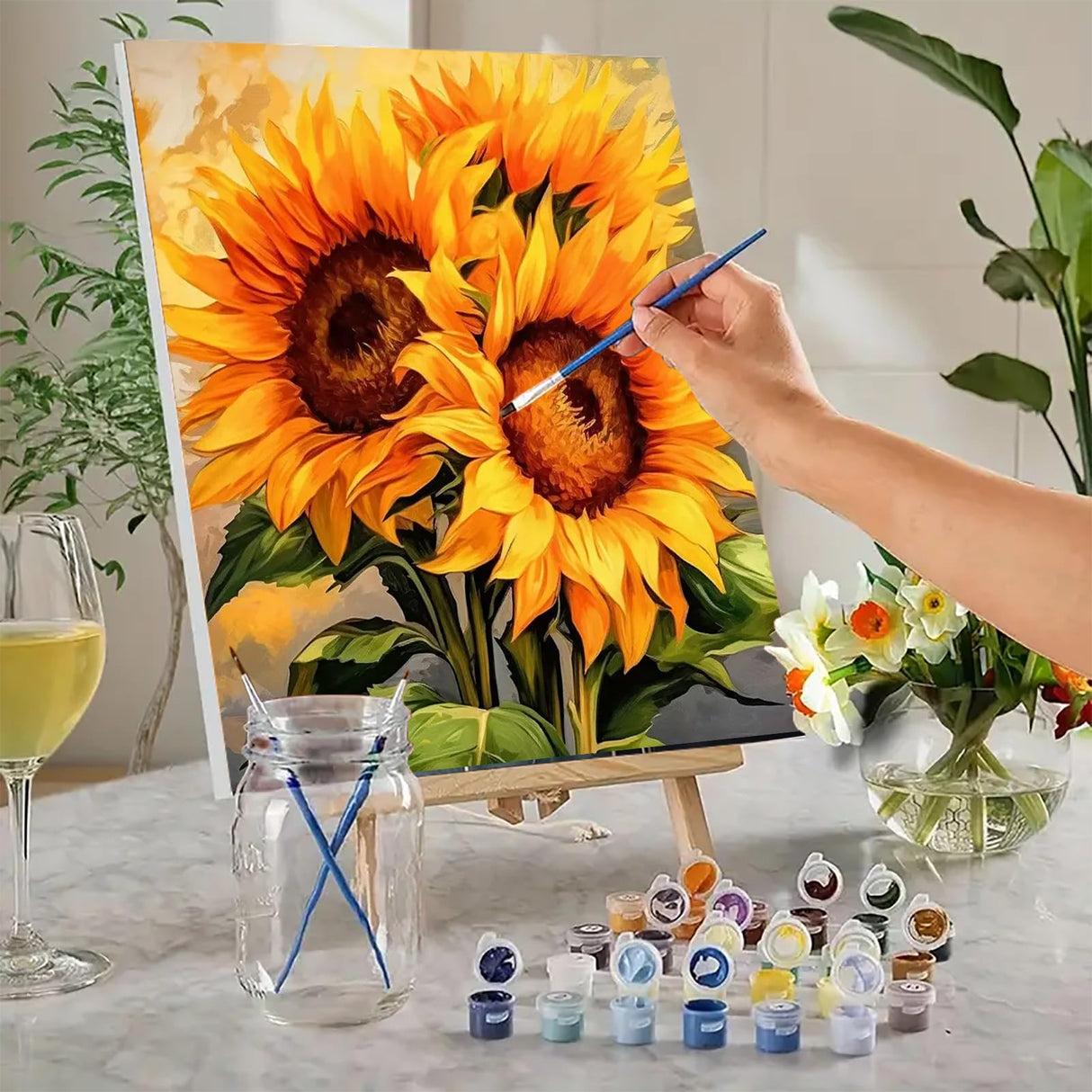 MaiMMaledy Paint by Numbers Kit for Adults Beginners, 12Wx8L inch Canvas Pictures with Framed, Drawing Painting Works with Wooden Triangle Easel, Acrylic Pigment,Sunflower MaiMMaledy