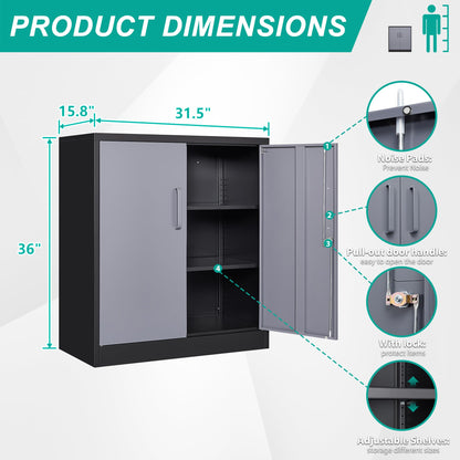 Metal Storage Cabinet with Doors and Shelves,Garage Storage Cabinet with Lock,Black Grey Metal Cabinet with Locking Doors,Steel Cabinet,Lockable Storage Cabinet for Home,Office,Garage Cabinets