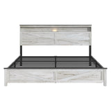 madeslves Farmhouse Wooden Bed Frame King Size with Storage Headboard, Boho Platform Bedframe with LED Lights and Charging Station, Metal Slats Support, No Box Spring Needed, White madeslves